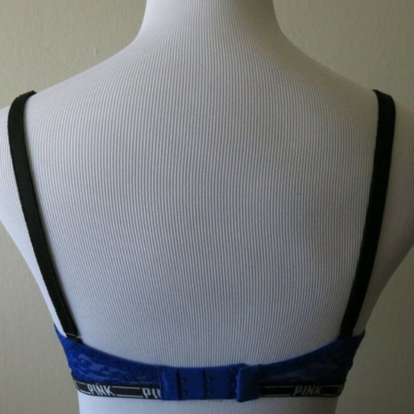 Pink VICTORIA'S SECRET Push Up Padded Underwire Blue Lace Bra - Size 32 DD - Picture 3 of 5
